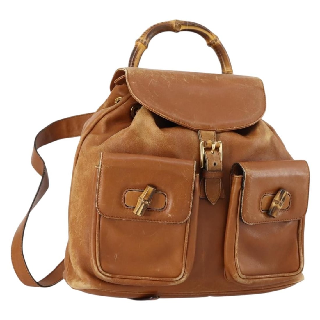 GUCCI Bamboo Leather Backpack Brown Gold 003 1998 Auth Italy (1 of 18)