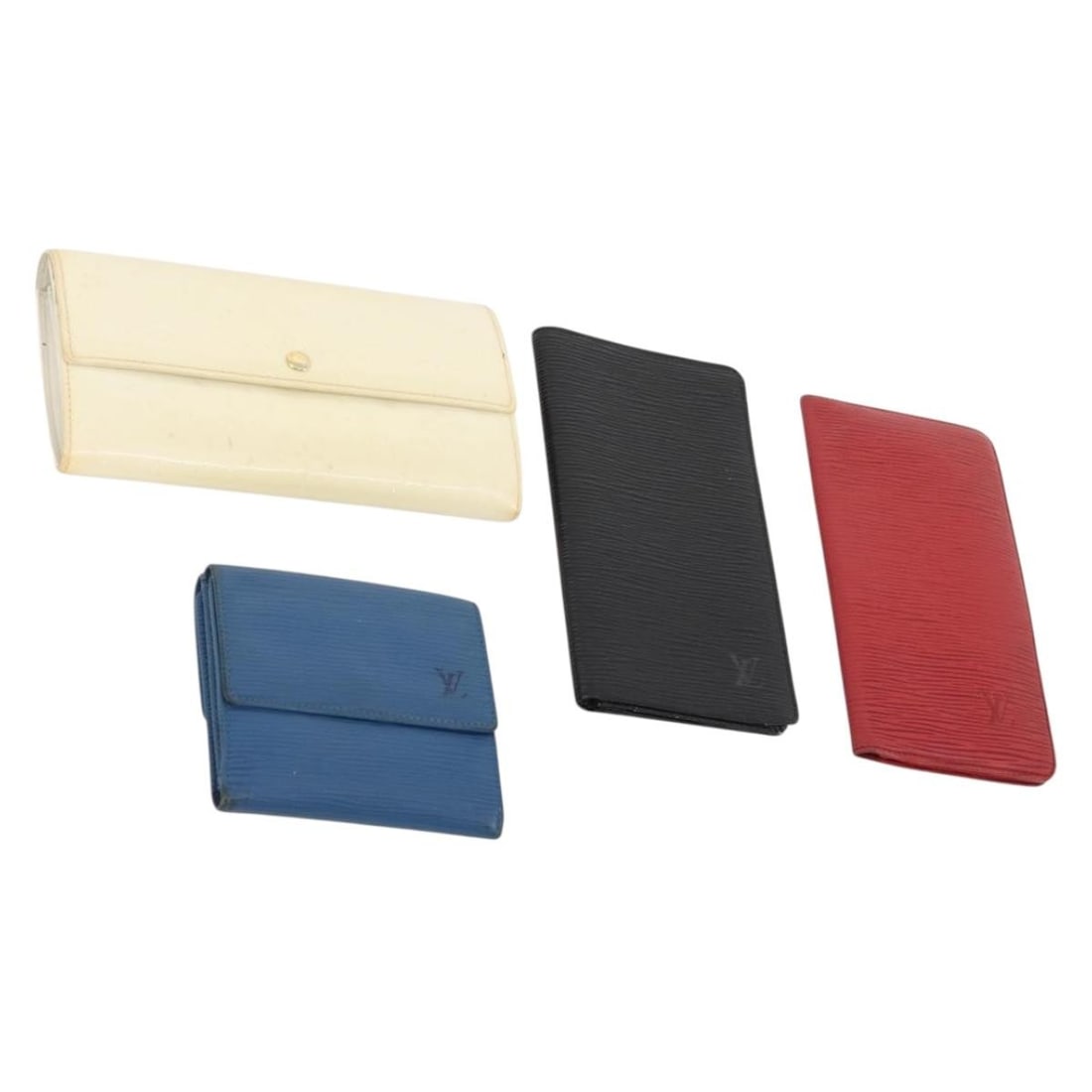Set of 4 Louis Vuitton Epi Vernis Leather Wallets Blue Black Red: Set of 4 Louis Vuitton Epi Vernis Leather Wallets Blue Black Red This is a set of four Louis Vuitton Epi Vernis leather wallets in blue, black, and red. Designed for women, these wallets are crafted f