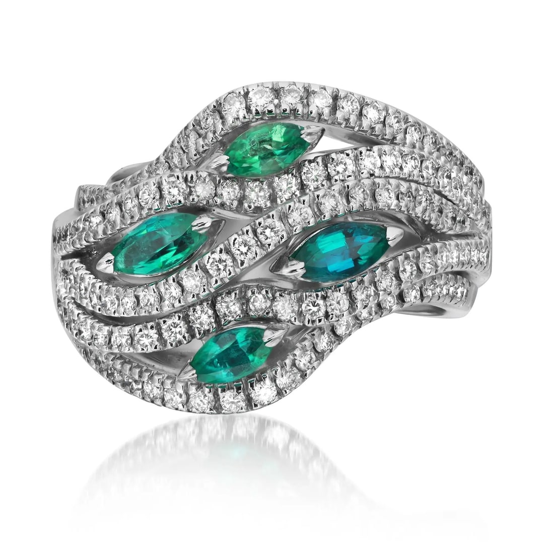 Damiani 18K White Gold Emerald Diamond Cocktail Ring 1.65ctw Size 7.5: Damiani 18K White Gold Emerald Diamond Cocktail Ring 1.65ctw Size 7.5 This exquisite Damiani cocktail ring is a stunning blend of elegance and craftsmanship, featuring a total of 1.65 carats of gemsto