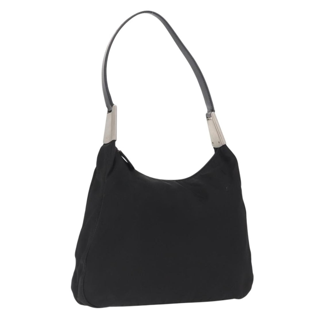 Black Nylon PRADA Shoulder Bag with Silver Details and Guarantee Card: Black Nylon PRADA Shoulder Bag with Silver Details and Guarantee Card This PRADA shoulder bag features a classic black nylon exterior with silver-tone accents. Made in Italy, the bag has a structured