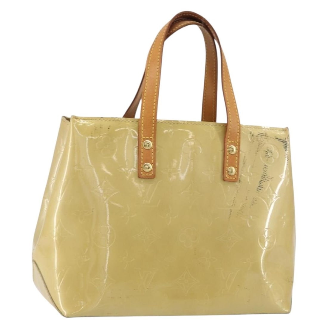 Beige Patent Leather Louis Vuitton Reade PM Monogram Handbag M91334: Beige Patent Leather Louis Vuitton Reade PM Monogram Handbag M91334 This is a Louis Vuitton Monogram Vernis Reade PM hand bag in beige patent leather. The bag is made in France and features a compact