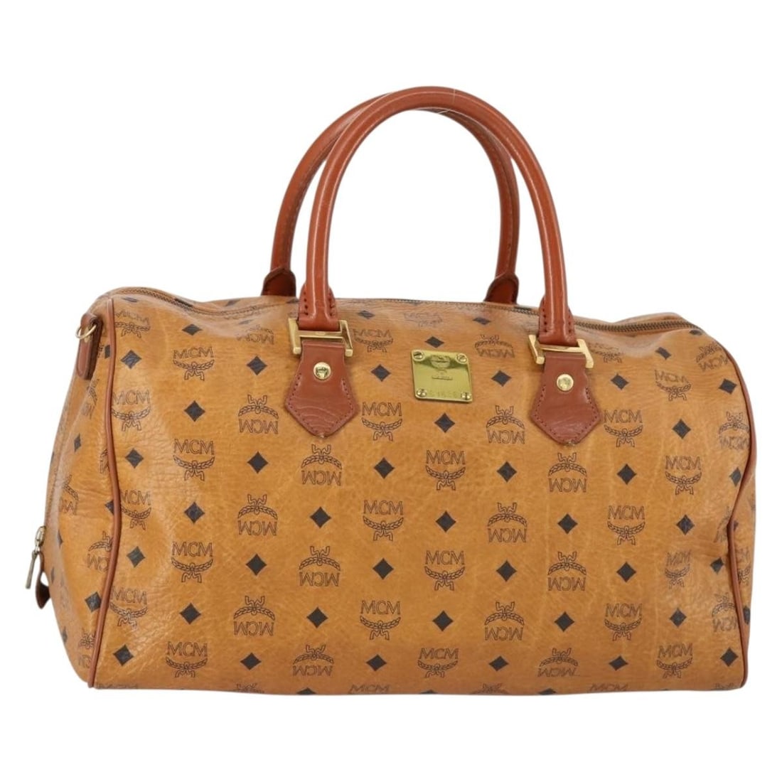 MCM Brown Gold Logogram Vicetos Boston Bag PVC Leather Auth 154457: MCM Brown Gold Logogram Vicetos Boston Bag PVC Leather Auth 154457 Introducing the MCM Logogram Vicetos Boston Bag, a stylish accessory crafted from durable PVC leather in a sophisticated brown and go