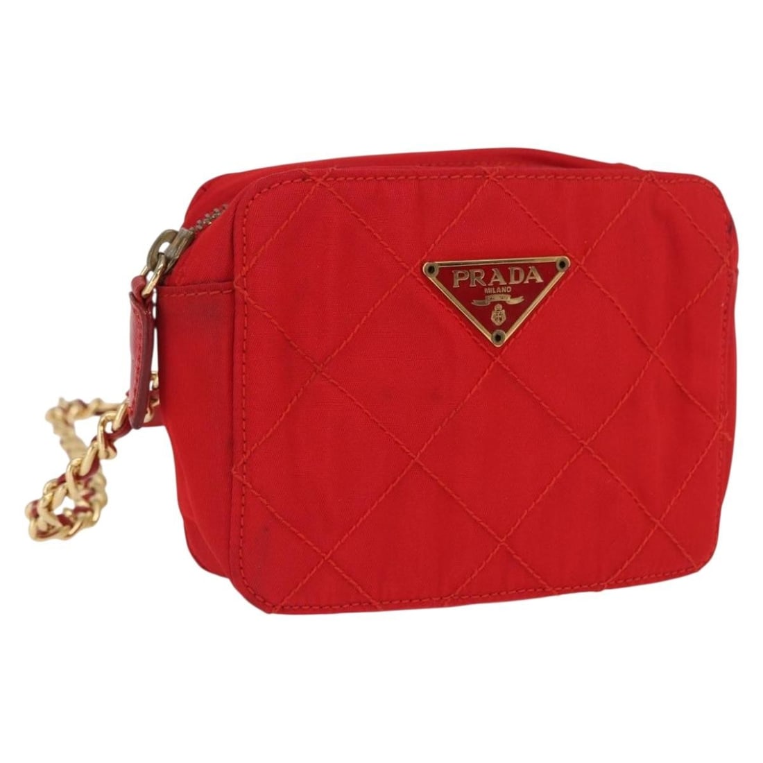Red Nylon Shoulder Pouch by Prada with Gold Tone Accents: Red Nylon Shoulder Pouch by Prada with Gold Tone Accents This PRADA shoulder pouch features a red and gold nylon exterior with gold-tone hardware. Designed in a compact pouch style, it is crafted in I