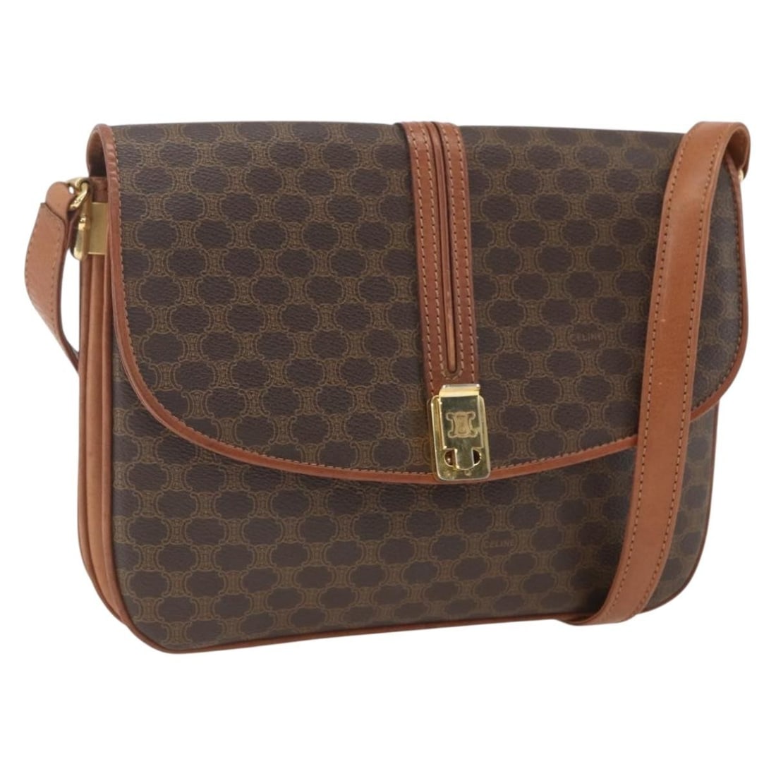 Celine Macadam Brown PVC Canvas Shoulder Bag with Gold Accents: Celine Macadam Brown PVC Canvas Shoulder Bag with Gold Accents This CELINE shoulder bag features the signature Macadam canvas and PVC leather construction in brown and gold tones. Made in Italy, the b