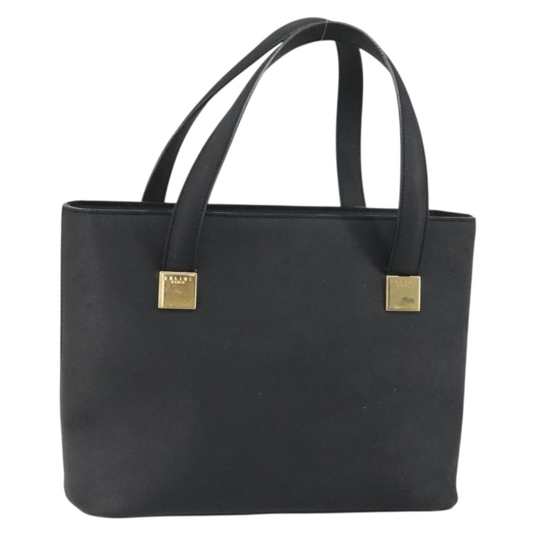 Celine Black Leather Handbag with Gold Accents Italy: Celine Black Leather Handbag with Gold Accents Italy This Celine handbag features a black leather exterior with gold accents. Made in Italy, it has a structured silhouette with a top handle. The bag m
