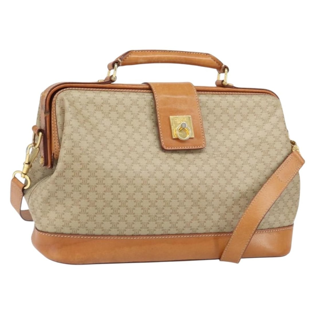 Celine Macadam Beige PVC Canvas Convertible Shoulder and Handbag with Strap: Celine Macadam Beige PVC Canvas Convertible Shoulder and Handbag with Strap This CELINE Macadam Canvas hand bag features a classic beige and gold design crafted from durable PVC leather and Macadam ca