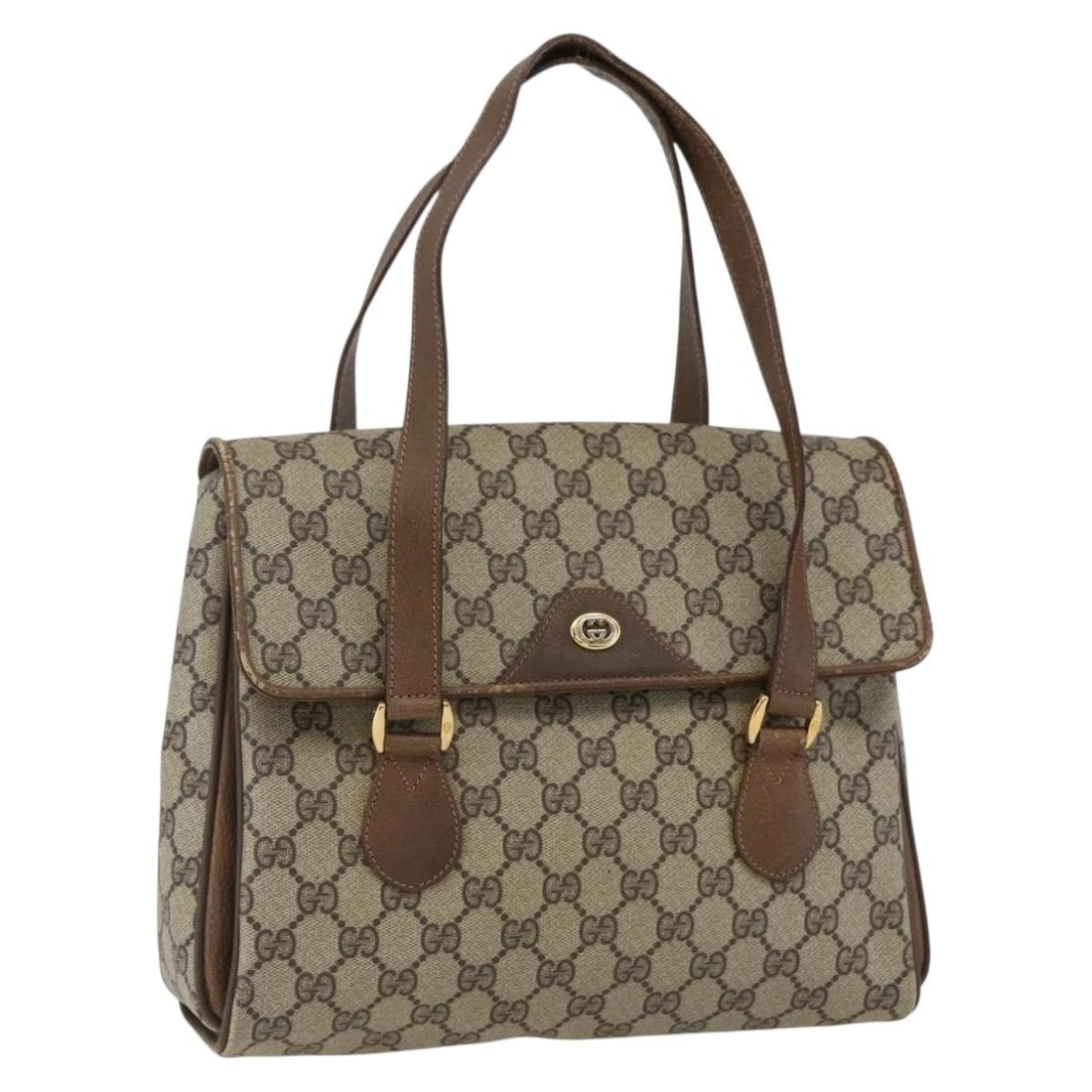 Gucci Beige Gold GG Supreme PVC Leather Handbag 116 02 080 Italy: Gucci Beige Gold GG Supreme PVC Leather Handbag 116 02 080 Italy This Gucci GG Supreme handbag features a beige and gold color scheme crafted from PVC leather and GG canvas. It has a structured silhou