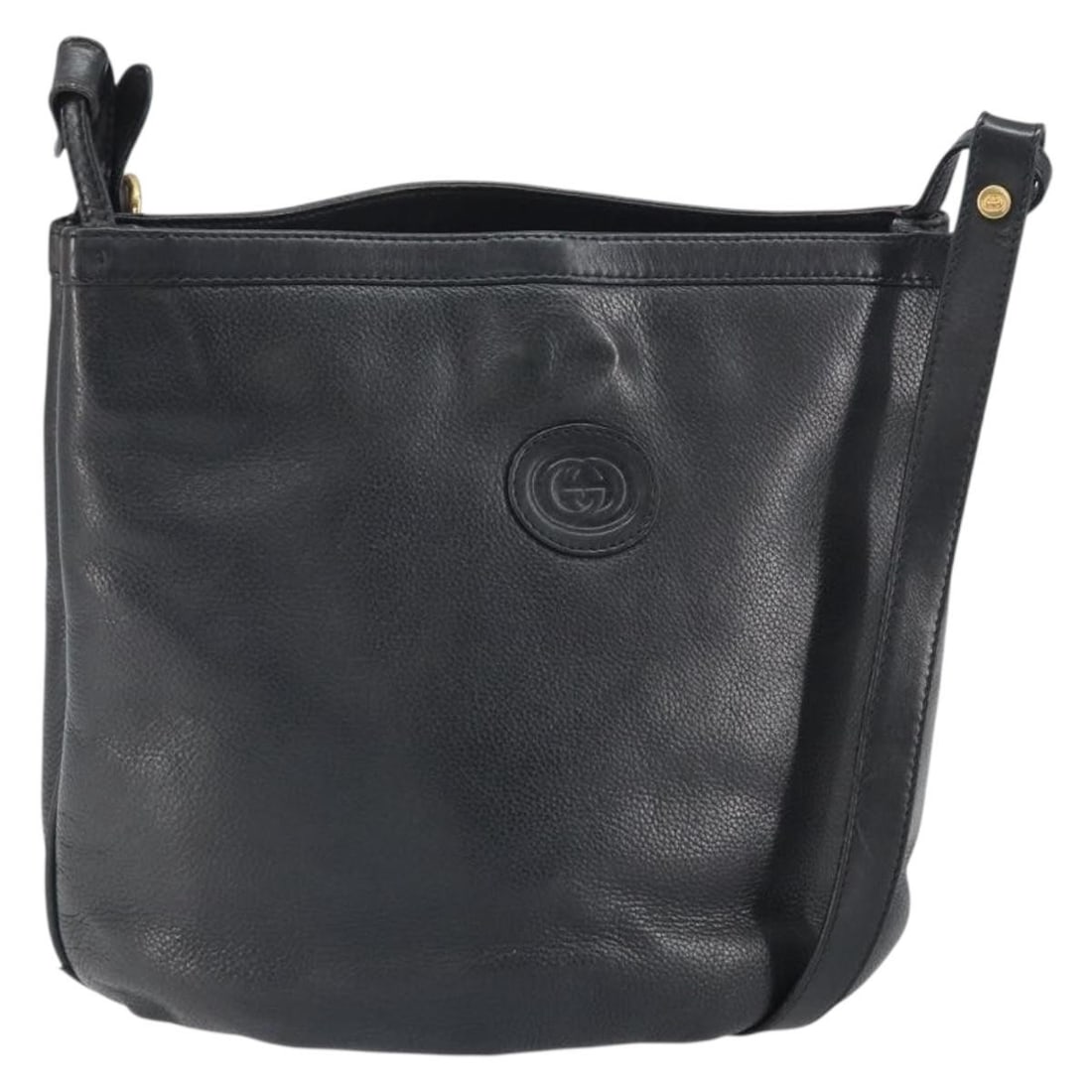 Black Leather Shoulder Bag by Gucci with Gold Tone Accents: Black Leather Shoulder Bag by Gucci with Gold Tone Accents This GUCCI shoulder bag is crafted from black leather with gold accents. It was made in Italy and features a structured silhouette with a sho