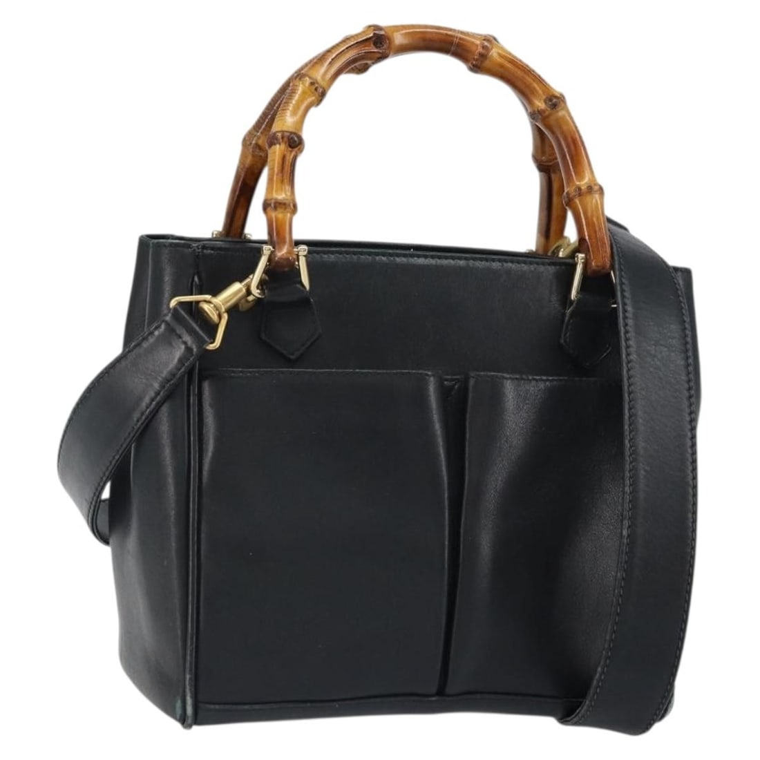 Gucci Black Leather Bamboo Top Handle Bag With Shoulder Strap 000 2122 0316: Gucci Black Leather Bamboo Top Handle Bag With Shoulder Strap 000 2122 0316 This is a Gucci Bamboo 2-way handbag crafted from black leather with gold-tone accents. The bag features both a top handle a