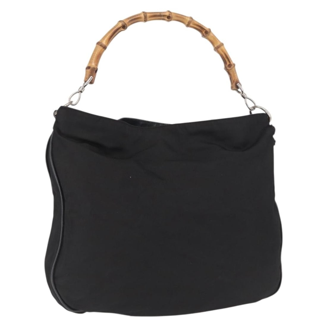 Gucci Nylon 2way Bamboo Handle Shoulder Bag Black Gold 001 2058 1577 5: Gucci Nylon 2way Bamboo Handle Shoulder Bag Black Gold 001 2058 1577 5 This Gucci Bamboo Hand Bag features a black nylon exterior with gold-tone accents. It is designed for versatile use with both a s