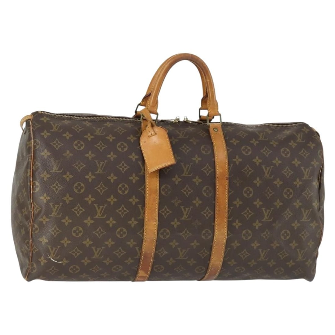 Louis Vuitton Keepall 55 Monogram Canvas Boston Travel Bag M41424 with Name Tag: Louis Vuitton Keepall 55 Monogram Canvas Boston Travel Bag M41424 with Name Tag This is a Louis Vuitton Monogram Keepall 55 Boston Bag, model M41424, crafted from signature monogram canvas. The bag fe