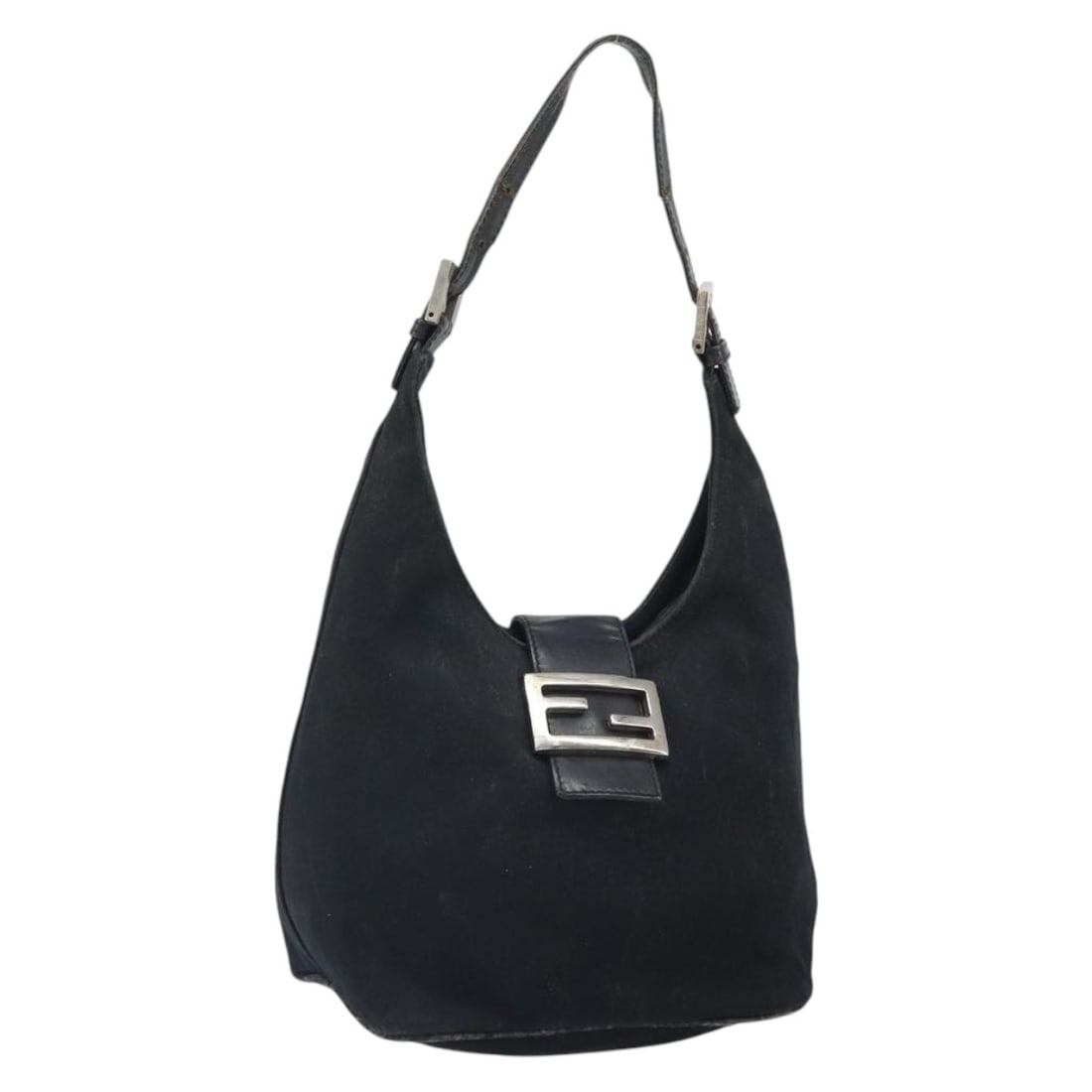 Black Nylon and Leather Fendi Mamma Baguette Shoulder Bag with Silver Accents: Black Nylon and Leather Fendi Mamma Baguette Shoulder Bag with Silver Accents This FENDI Mamma Baguette shoulder bag features a black nylon exterior with leather accents and silver-tone hardware. Desi