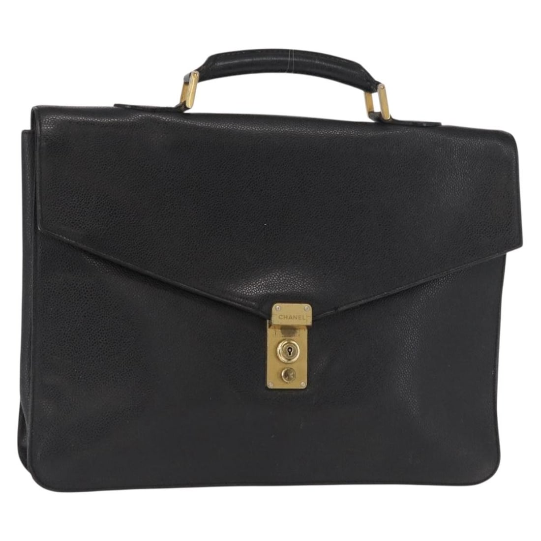 Black Caviar Skin CHANEL Business Bag with Gold CC Logo: Black Caviar Skin CHANEL Business Bag with Gold CC Logo This CHANEL business bag is crafted from black grained caviar calfskin with gold-tone accents and features the iconic CC logo. The bag is made i
