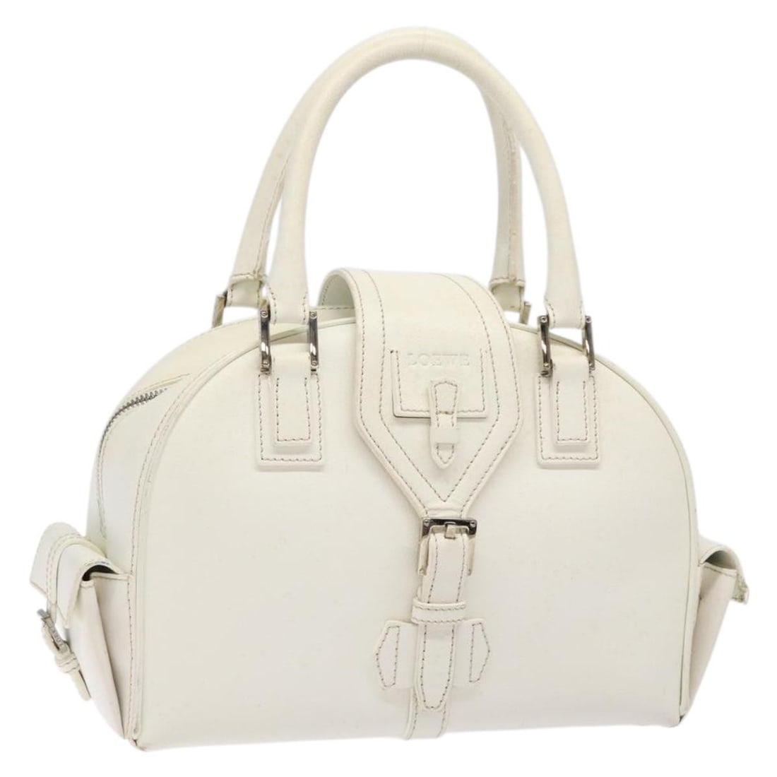LOEWE Leather Hand Bag White Silver Made in Spain BA5296: LOEWE Leather Hand Bag White Silver Made in Spain BA5296 Introducing the LOEWE Hand Bag, a stunning accessory crafted from premium leather, featuring an elegant white and silver exterior. This hand ba