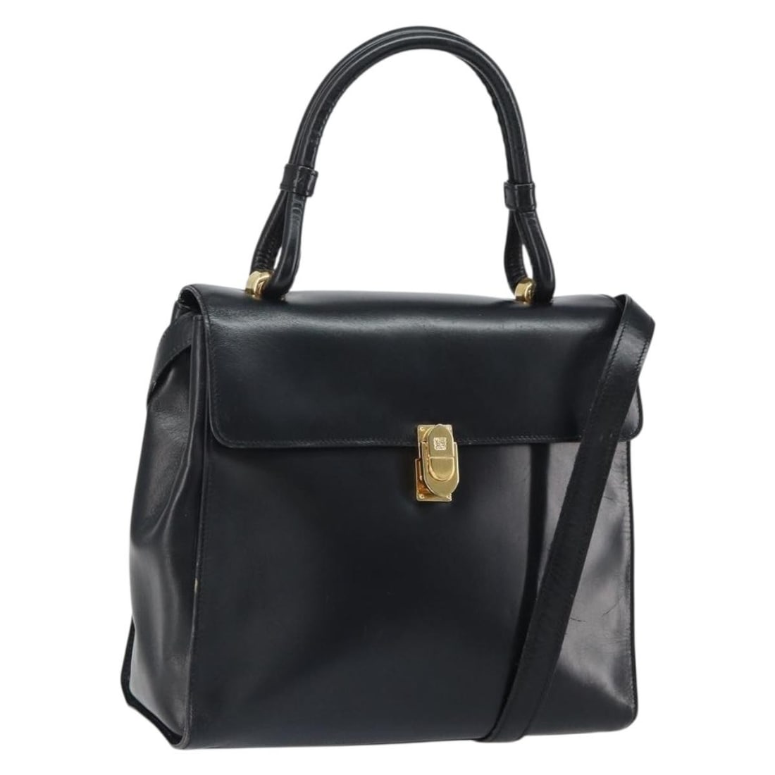 Loewe Black Leather 2way Shoulder Handbag with Gold Accents and Strap: Loewe Black Leather 2way Shoulder Handbag with Gold Accents and Strap This LOEWE 2-way handbag is crafted from black leather with gold-tone accents and features both top handles and a detachable shoul