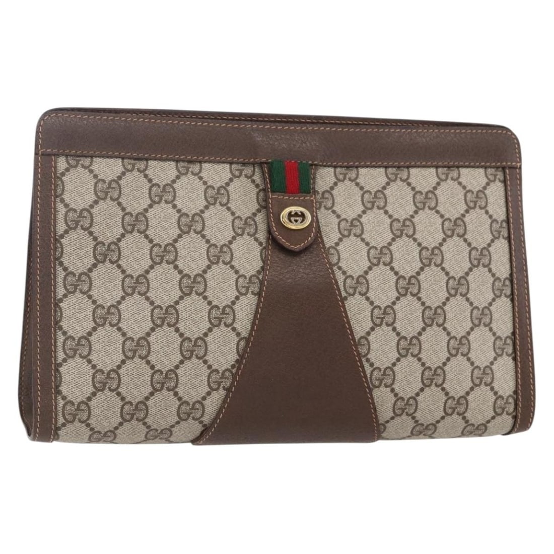 GUCCI GG Supreme Sherry Line Clutch Bag Beige Gold PVC Auth BA7453: GUCCI GG Supreme Sherry Line Clutch Bag Beige Gold PVC Auth BA7453 Introducing the GUCCI GG Supreme Web Sherry Line Clutch Bag, a luxurious accessory crafted from high-quality PVC leather in an elegan