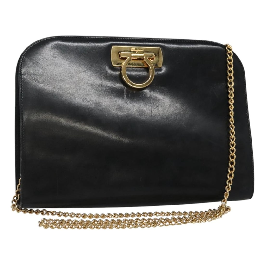 Black Leather Gancini Chain Shoulder Bag by Salvatore Ferragamo Gold Hardware: Black Leather Gancini Chain Shoulder Bag by Salvatore Ferragamo Gold Hardware This Salvatore Ferragamo Gancini chain shoulder bag is crafted from black leather with gold-tone accents. Designed for wom
