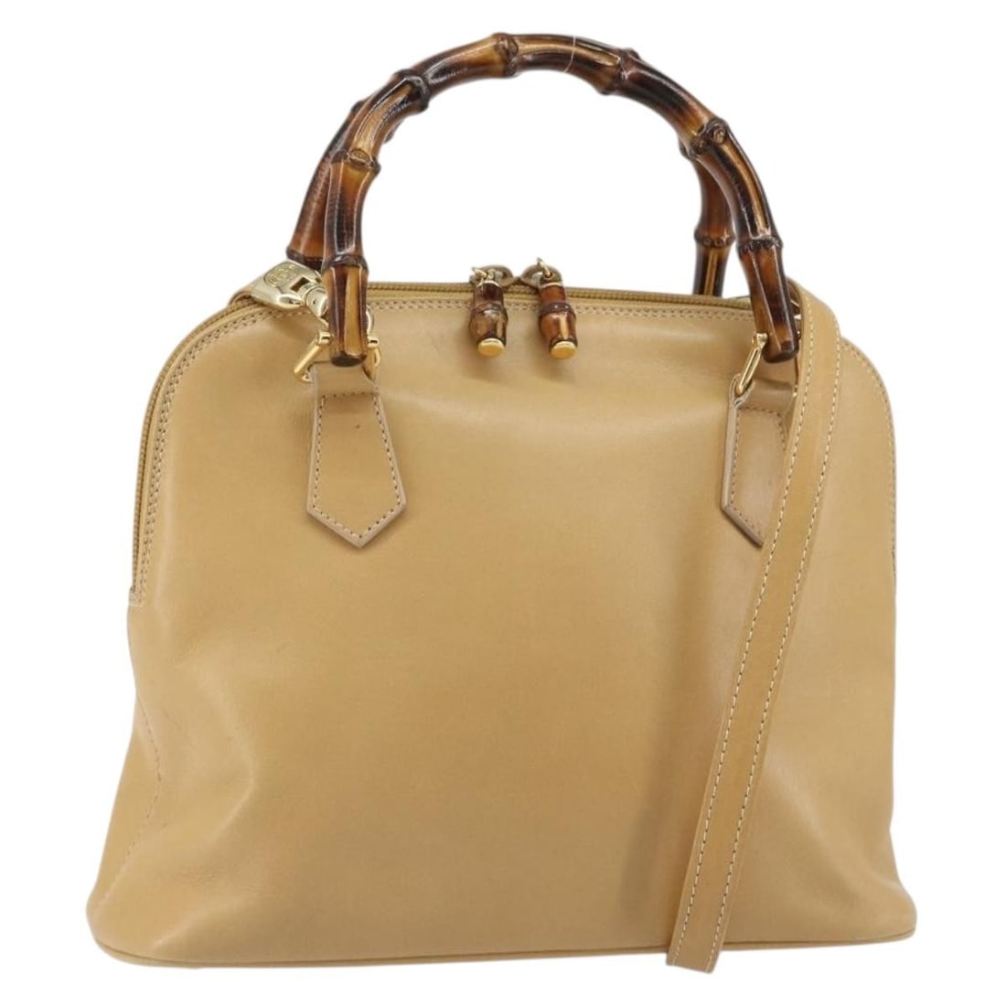 Beige Leather GUCCI Bamboo 2way Handbag with Gold Accents Model 000 3780 0290: Beige Leather GUCCI Bamboo 2way Handbag with Gold Accents Model 000 3780 0290 This is a Gucci Bamboo 2-way handbag crafted from beige and gold leather. The bag features both a top handle and a detacha