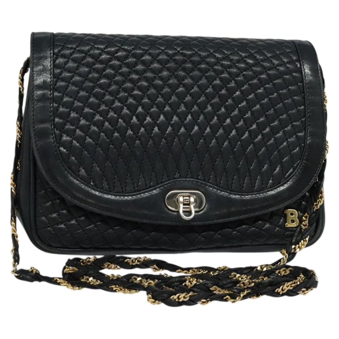 BALLY Navy Leather Quilted Shoulder Bag with Chain Strap Gold Accents Italy: BALLY Navy Leather Quilted Shoulder Bag with Chain Strap Gold Accents Italy This Bally quilted chain shoulder bag is crafted from navy leather with gold-tone accents. Designed for women, it features a