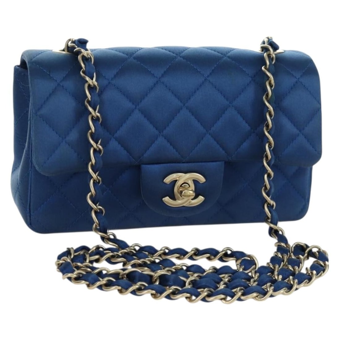 Blue Satin Mini Matelasse 20 Shoulder Bag by CHANEL with Gold Chain (1 of 18)