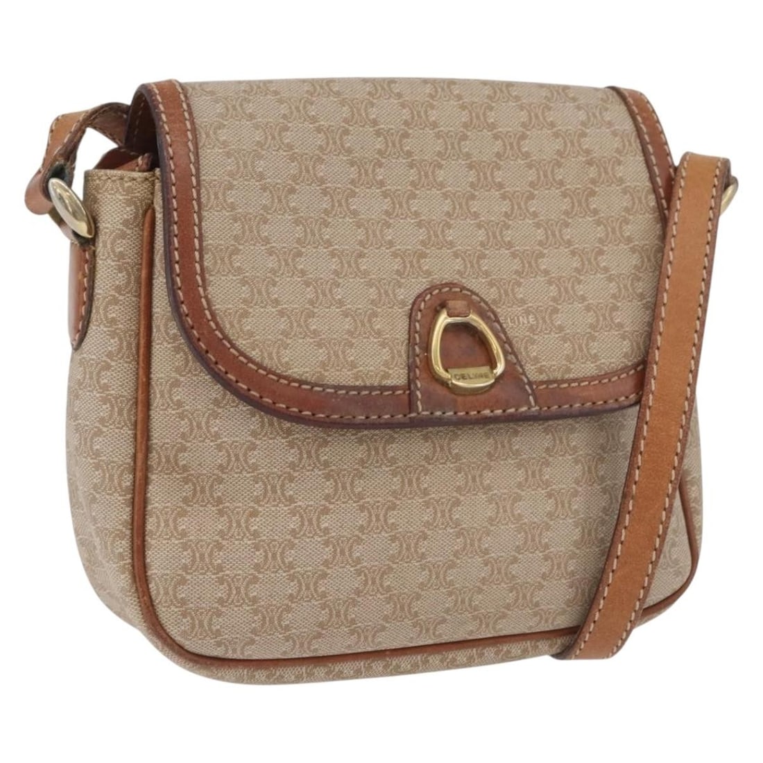 Celine Macadam Beige PVC Leather Shoulder Bag Gold Tone Hardware: Celine Macadam Beige PVC Leather Shoulder Bag Gold Tone Hardware This CELINE Macadam Canvas Shoulder Bag features a beige and gold color scheme and is crafted from durable PVC leather and Macadam canv