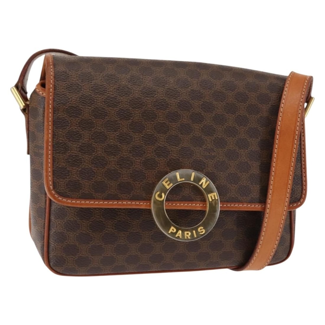 CELINE Macadam Canvas Circle Shoulder Bag Brown Gold PVC Leather Italy: CELINE Macadam Canvas Circle Shoulder Bag Brown Gold PVC Leather Italy This Celine Macadam Canvas Circle Shoulder Bag is a stylish accessory crafted from durable PVC leather and features a sophisticat