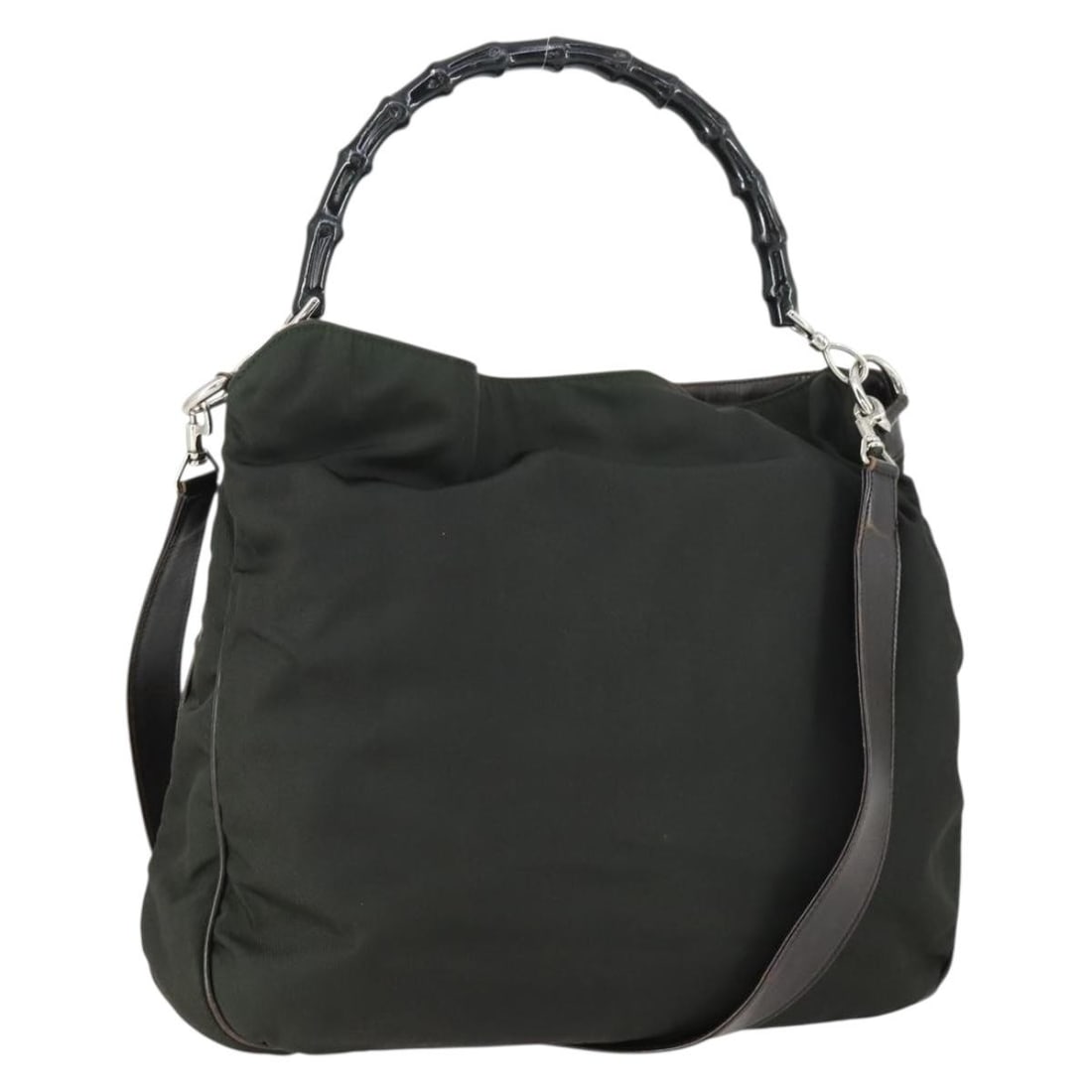 Green Nylon Gucci Bamboo 2way Handbag with Shoulder Strap Model 001 1577: Green Nylon Gucci Bamboo 2way Handbag with Shoulder Strap Model 001 1577 This GUCCI Bamboo Hand Bag features a green and silver nylon exterior and offers versatile 2-way carrying options with both a t