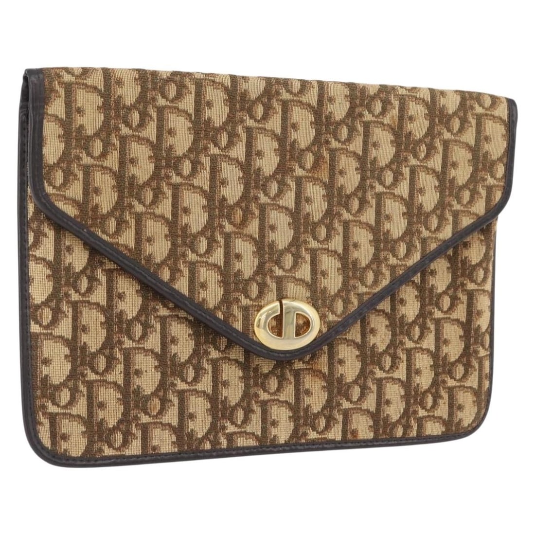 Beige Gold Trotter Canvas Clutch by Christian Dior Made in France: Beige Gold Trotter Canvas Clutch by Christian Dior Made in France This Christian Dior clutch bag features beige and gold Trotter canvas with visible signs of heavy use. The bag shows rubbing, stains,