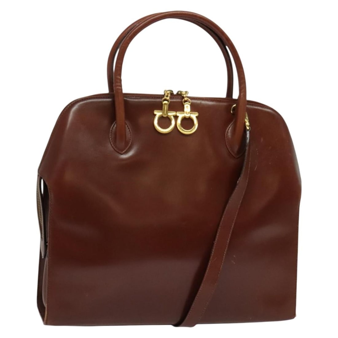 Salvatore Ferragamo Gancini Leather Hand Bag Brown Gold Authentic 140342 (1 of 18)