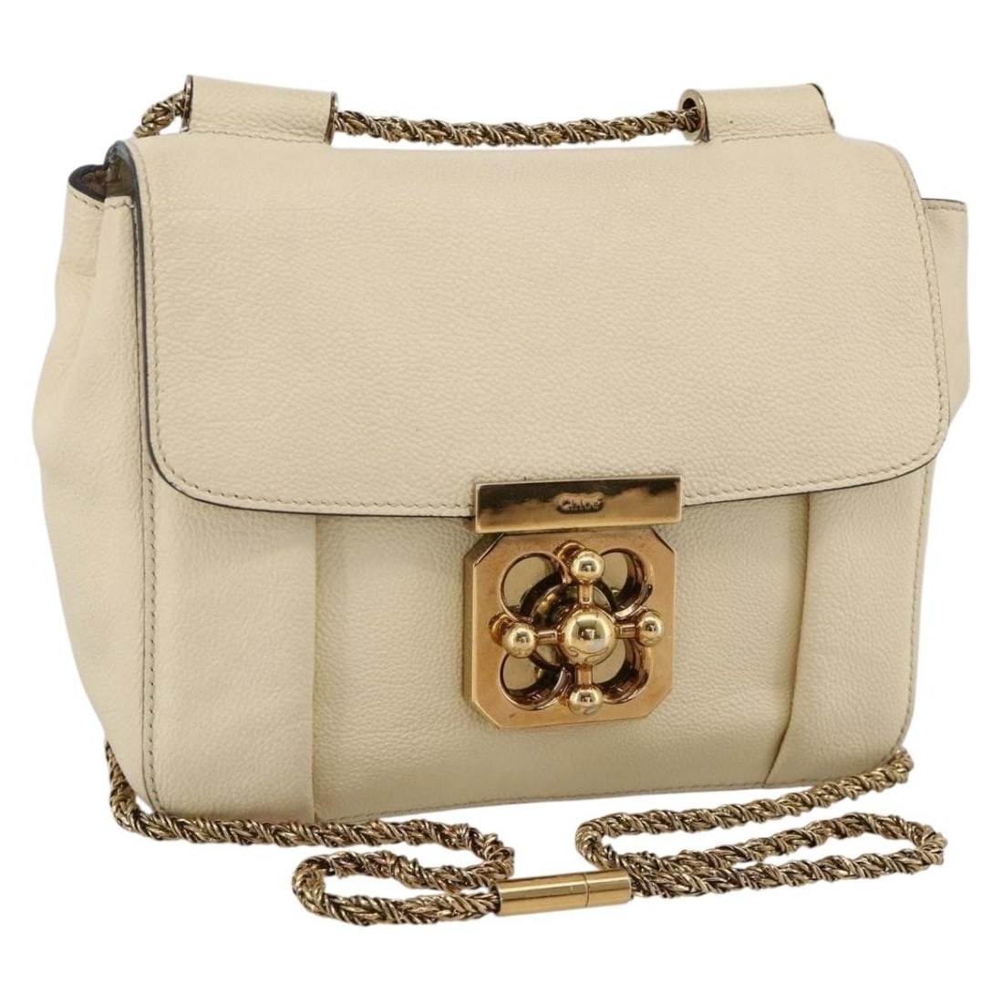 Chloe Cream Leather Chain Shoulder Bag Gold Accents Italy: Chloe Cream Leather Chain Shoulder Bag Gold Accents Italy This is a Chloe chain shoulder bag crafted from cream and gold leather. Designed for women, the bag features a structured silhouette with a ch