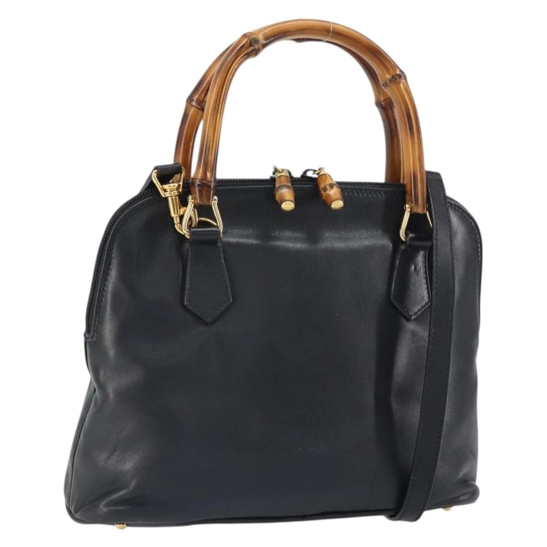 Black Leather GUCCI Bamboo 2way Handbag with Gold Hardware and Strap: Black Leather GUCCI Bamboo 2way Handbag with Gold Hardware and Strap This Gucci Bamboo handbag is crafted from black leather with gold-tone accents and features a versatile 2-way design for carry by h