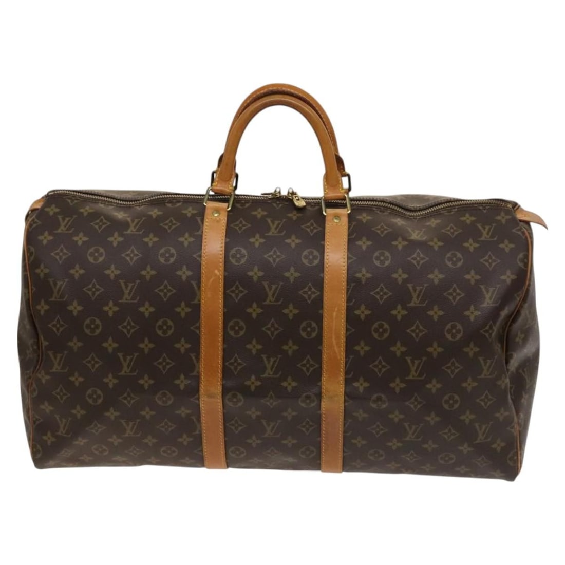 Brown Canvas Keepall Travel Bag by Louis Vuitton Unisex 55cm: Brown Canvas Keepall Travel Bag by Louis Vuitton Unisex 55cm This is a Louis Vuitton Keepall Bag crafted from monogram canvas in brown, designed for unisex use. The bag features leather trim and handl