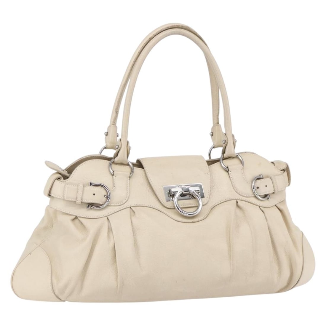 Salvatore Ferragamo Gancini Beige Leather Shoulder Bag Auth BA8418 (1 of 18)