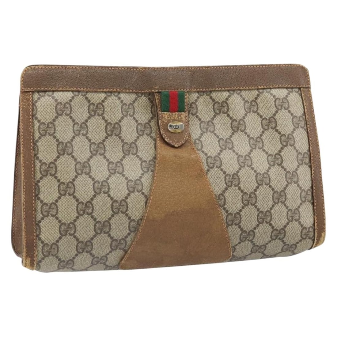 Gucci GG Supreme Sherry Line Beige Gold PVC Clutch with Web Accent: Gucci GG Supreme Sherry Line Beige Gold PVC Clutch with Web Accent This GUCCI GG Supreme Web Sherry Line clutch bag features a beige and gold PVC leather exterior with GG canvas accents. Designed for
