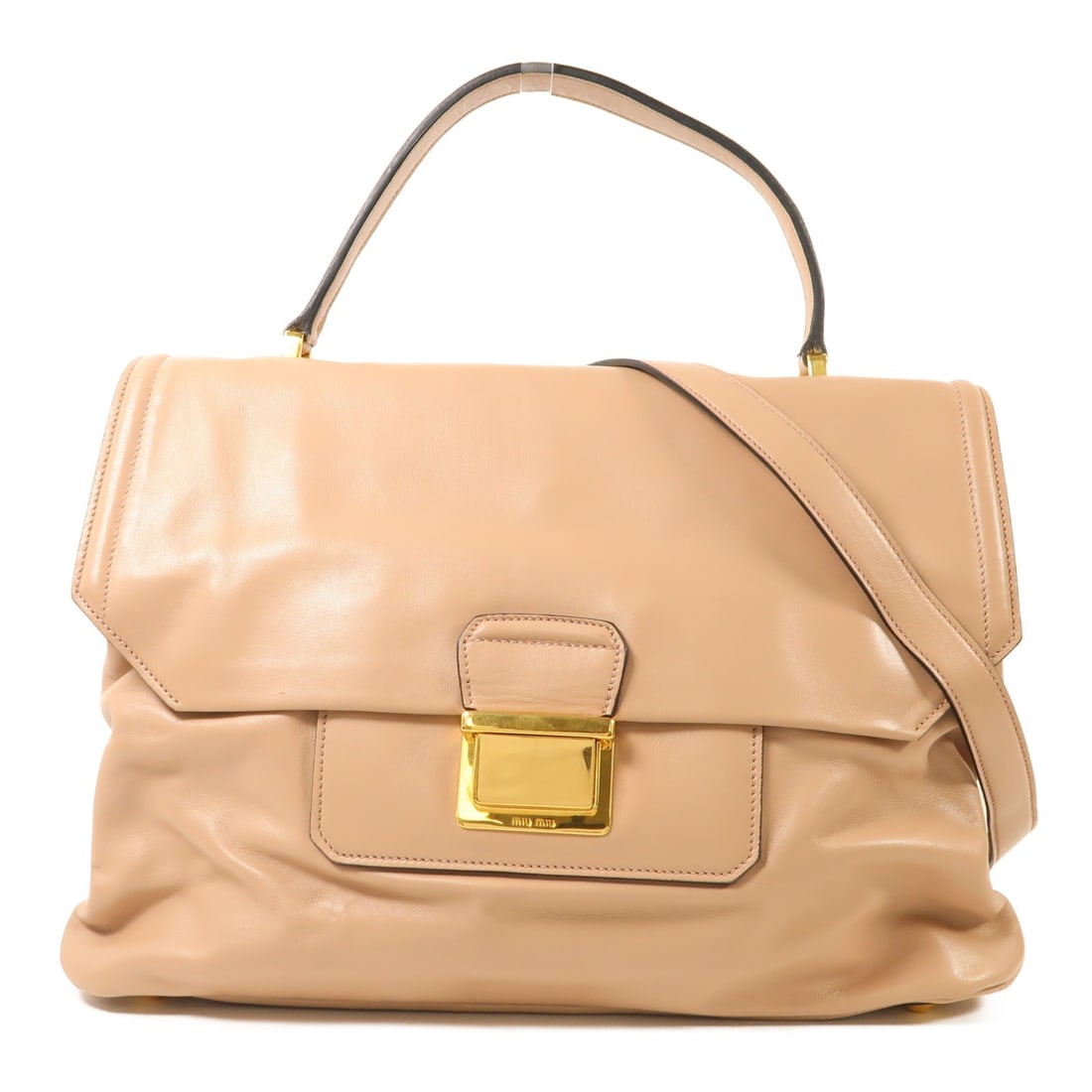 Miu Miu Nude Pink Calfskin Leather Two Way Shoulder Bag with Gold Hardware: Miu Miu Nude Pink Calfskin Leather Two Way Shoulder Bag with Gold Hardware This Miu Miu 2-way shoulder bag is crafted from calfskin leather in a nude pink color. Designed for versatility, it can be wo