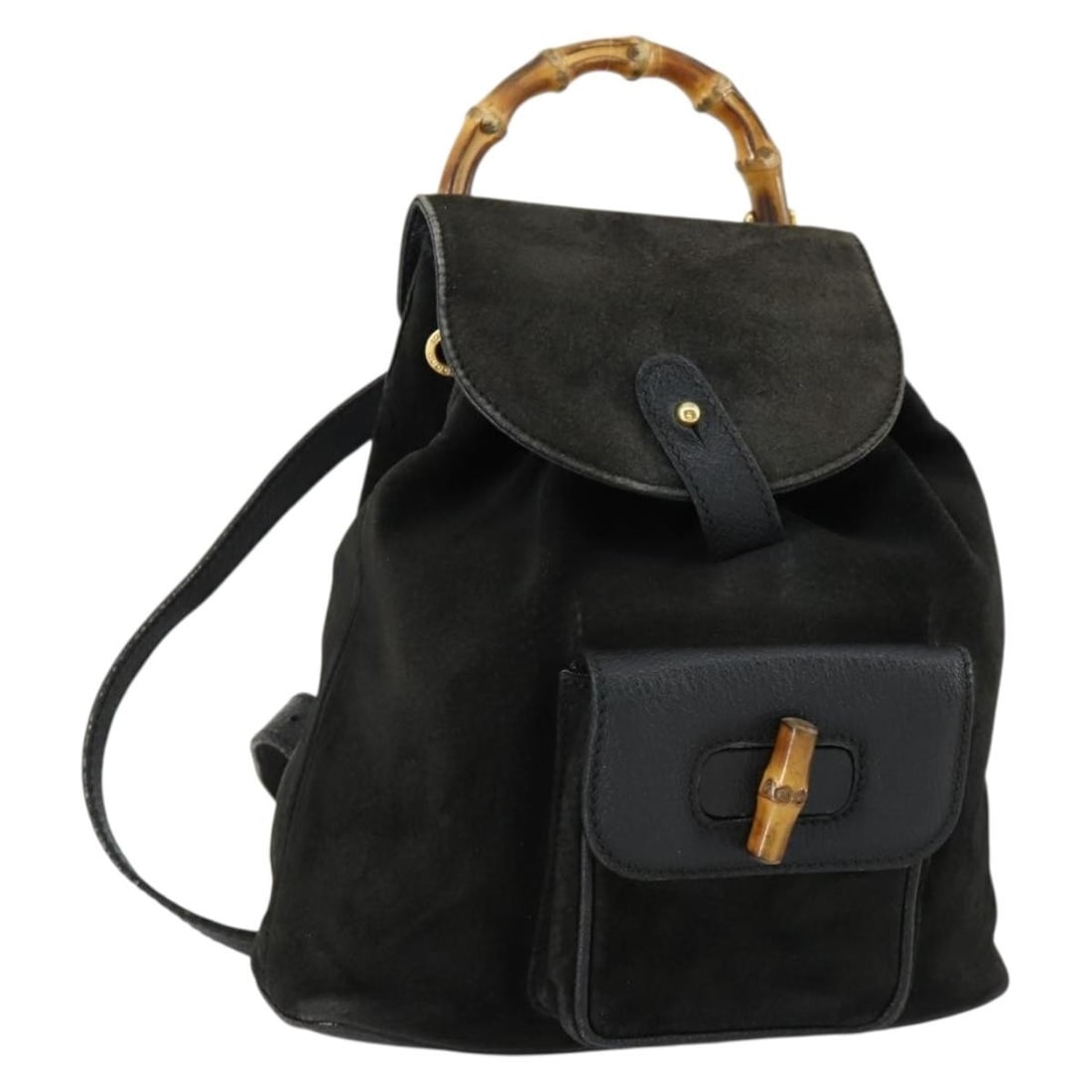 Black Leather Bamboo Backpack by Gucci 003 2058 0030 Italy: Black Leather Bamboo Backpack by Gucci 003 2058 0030 Italy This GUCCI Bamboo backpack features black leather with gold-tone accents. Made in Italy, it offers a classic and compact design with bamboo d