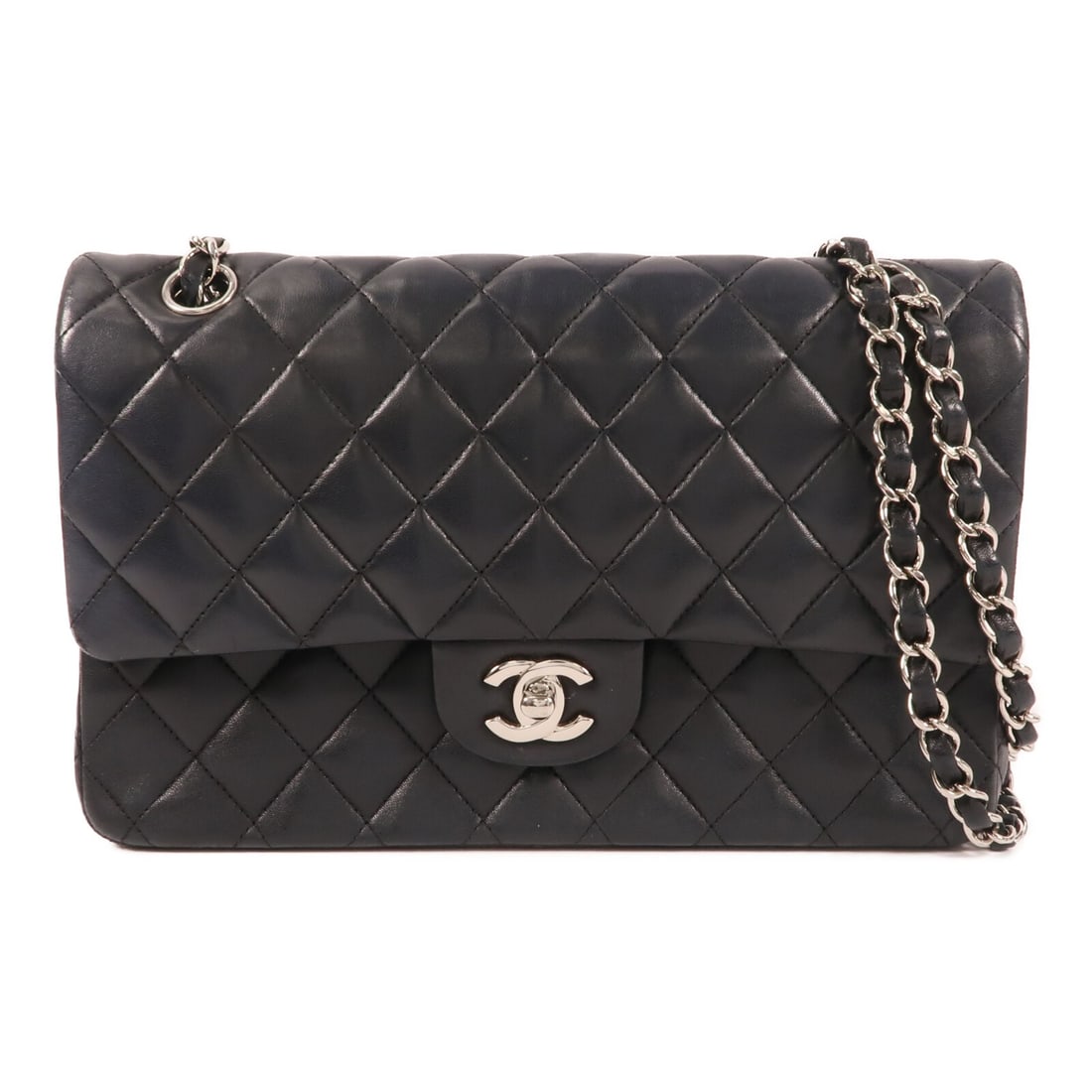 Black Lambskin CHANEL Classic Flap 25 Shoulder Bag with Silver Hardware A01112: Black Lambskin CHANEL Classic Flap 25 Shoulder Bag with Silver Hardware A01112 This CHANEL Classic 25 chain shoulder bag features luxurious black lambskin leather with silver-tone hardware. Designed i