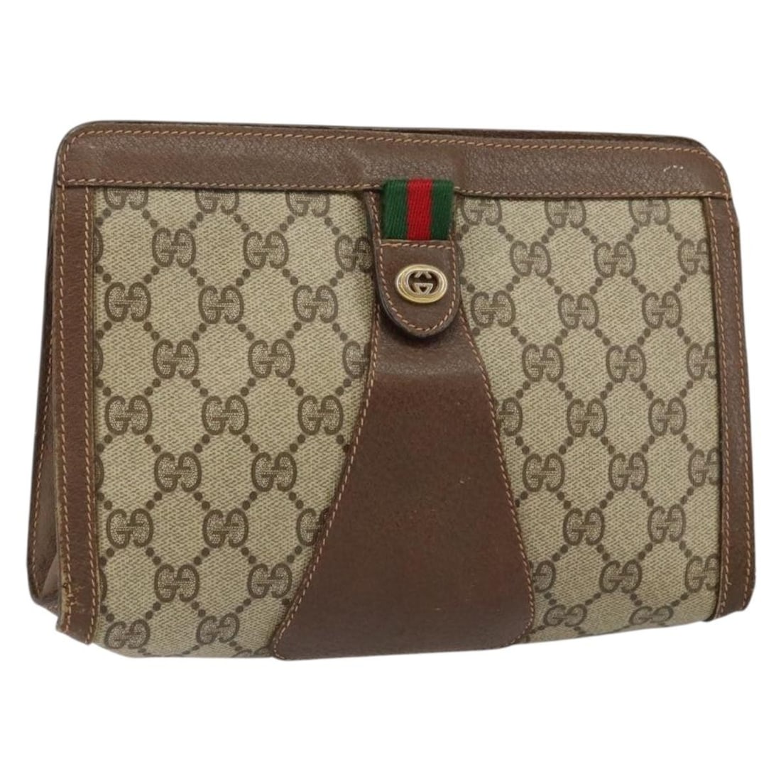 GUCCI GG Supreme Sherry Line Clutch Bag PVC Beige Gold 89 01 032 Auth: GUCCI GG Supreme Sherry Line Clutch Bag PVC Beige Gold 89 01 032 Auth This exquisite GUCCI GG Supreme Web Sherry Line Clutch Bag is crafted in Italy from durable PVC leather, featuring a stylish beige