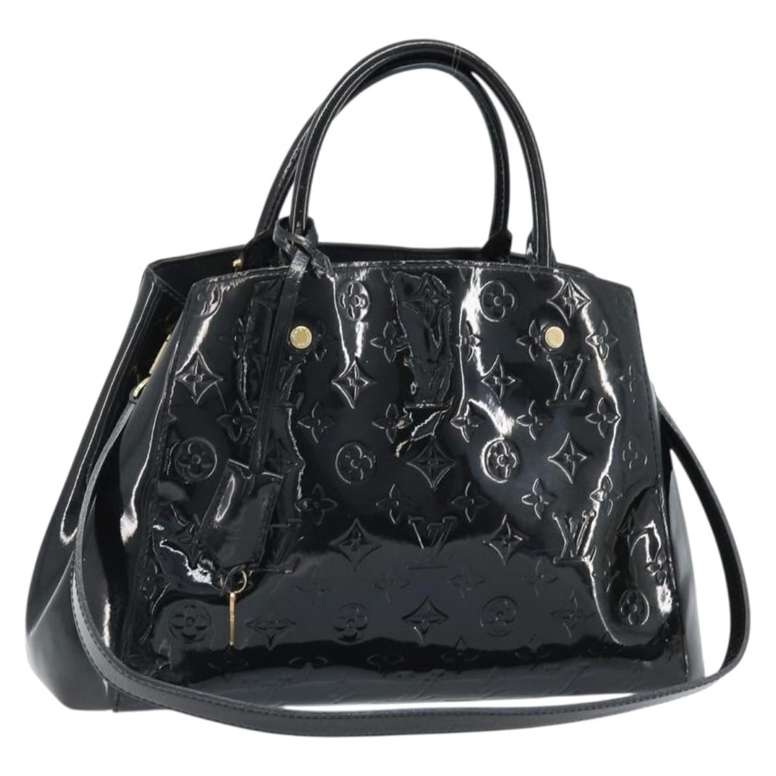 Louis Vuitton Montaigne MM Noir Monogram Vernis Patent Leather Handbag M50168: Louis Vuitton Montaigne MM Noir Monogram Vernis Patent Leather Handbag M50168 This Louis Vuitton Monogram Vernis Montaigne MM hand bag in Noir features patent leather construction and is designed for