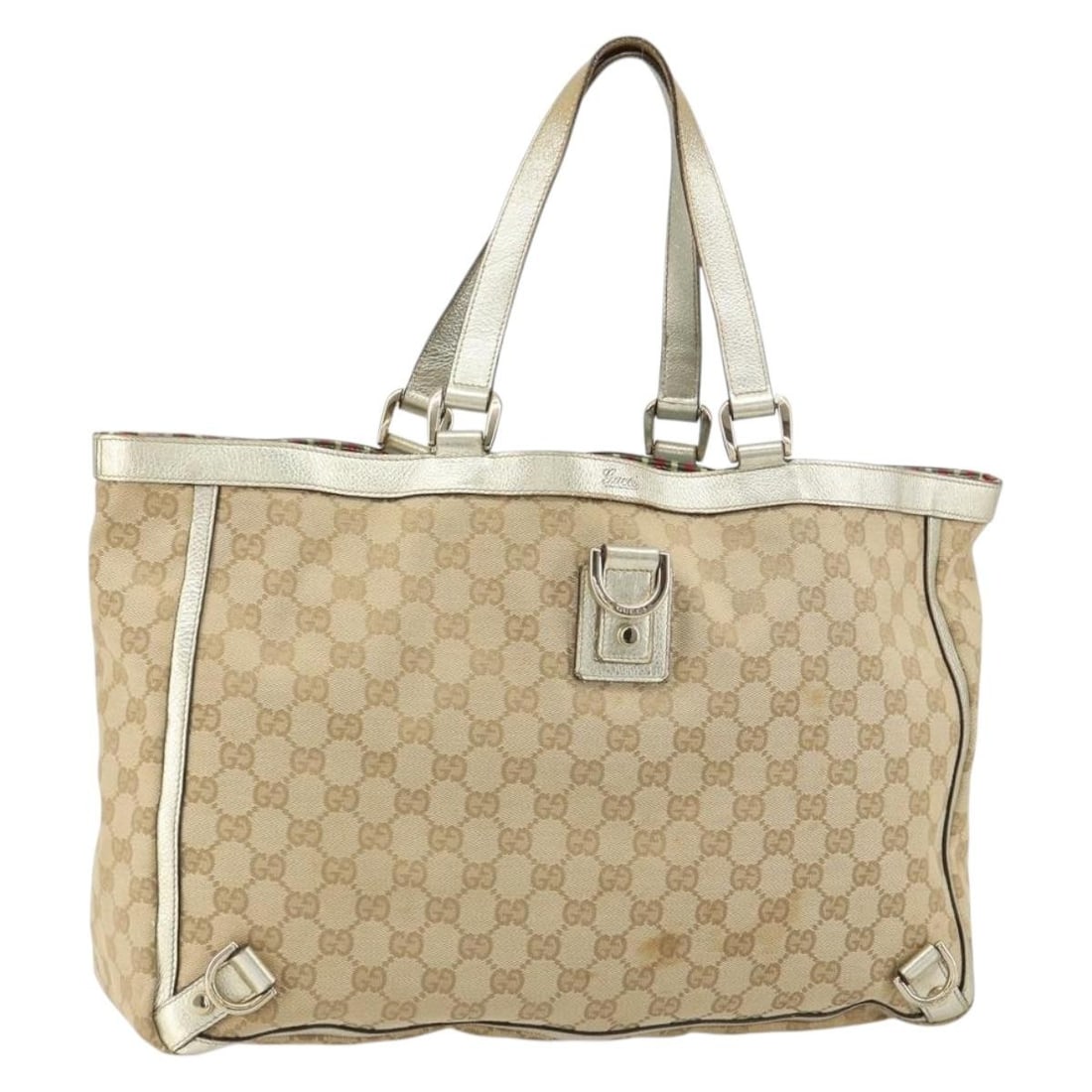 Beige GG Canvas Gucci Tote with Gold Accents Model 141472: Beige GG Canvas Gucci Tote with Gold Accents Model 141472 This is a Gucci GG Canvas tote bag in beige and gold. Crafted in Italy, it features the signature GG canvas exterior with gold-toned accents.
