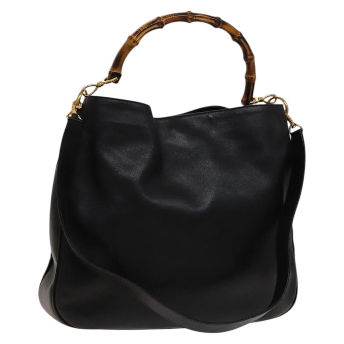GUCCI Bamboo Leather Hand Bag Black Gold 001 1731 1577 Auth: GUCCI Bamboo Leather Hand Bag Black Gold 001 1731 1577 Auth This authentic GUCCI Bamboo Hand Bag is a stunning accessory crafted in Italy from premium leather. The elegant black and gold color scheme