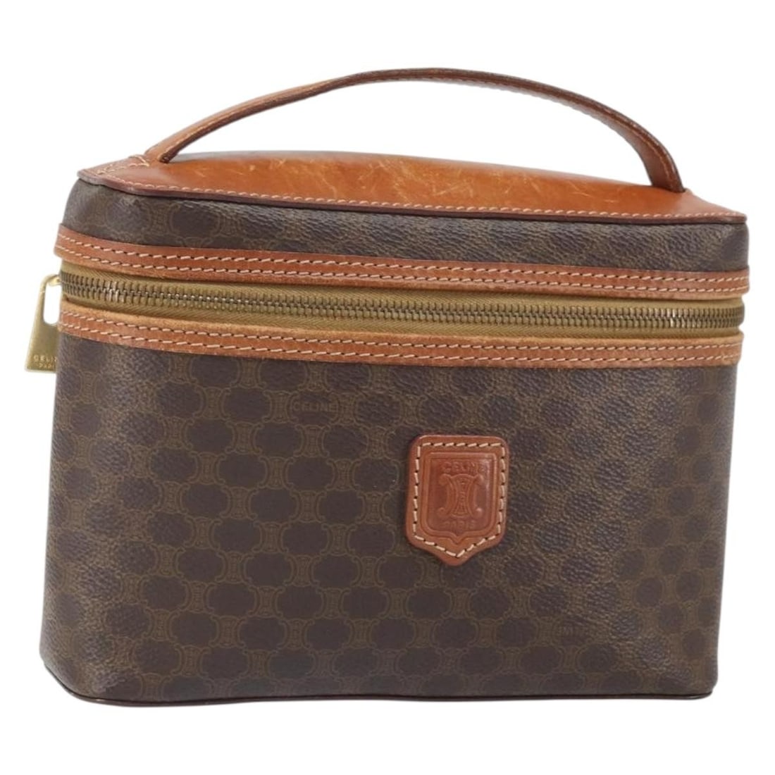 Celine Macadam Brown PVC Leather Handbag with Gold Accents: Celine Macadam Brown PVC Leather Handbag with Gold Accents This CELINE Macadam Canvas handbag features a combination of PVC leather and signature Macadam canvas in brown and gold tones. Made in Italy,