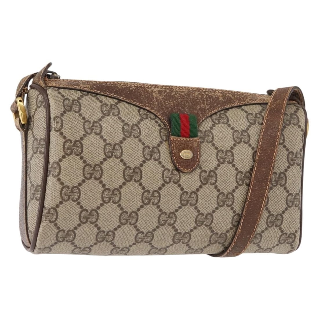 GUCCI GG Supreme Sherry Line Beige Gold PVC Shoulder Bag Auth 89 02 018: GUCCI GG Supreme Sherry Line Beige Gold PVC Shoulder Bag Auth 89 02 018 Introducing the GUCCI GG Supreme Web Sherry Line Bag, an elegant shoulder bag crafted in Italy. This stunning piece features a c