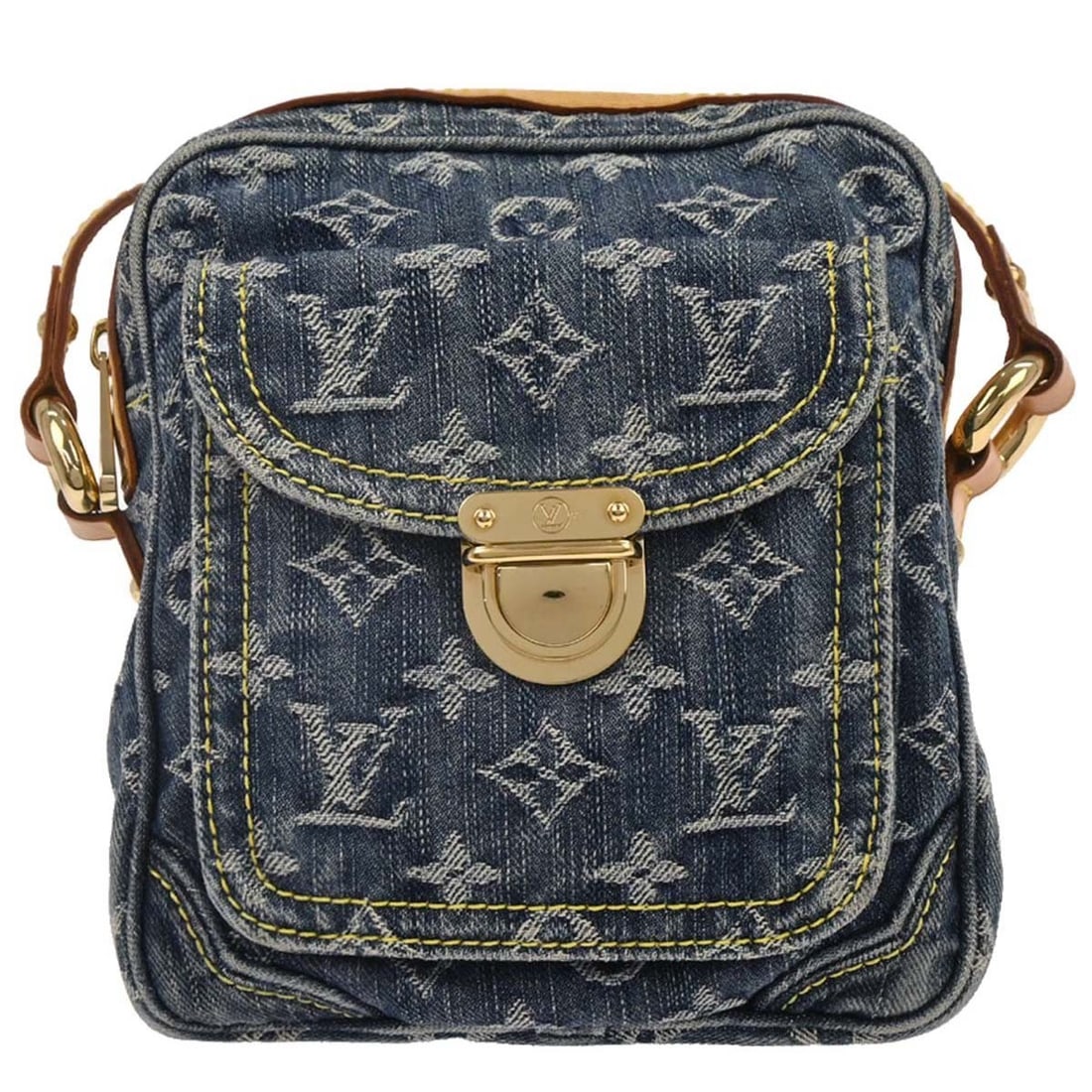 Blue Monogram Denim Camera Crossbody Bag by Louis Vuitton: Blue Monogram Denim Camera Crossbody Bag by Louis Vuitton This Louis Vuitton camera bag is crafted from blue monogram denim canvas with leather accents. Designed in a compact, small size, it features