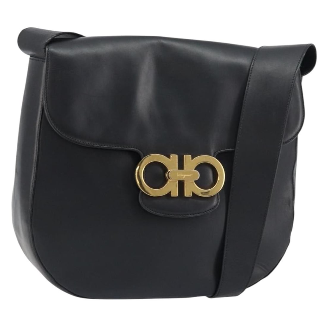 Salvatore Ferragamo Gancini Leather Shoulder Bag Black Gold Auth 156463 (1 of 18)