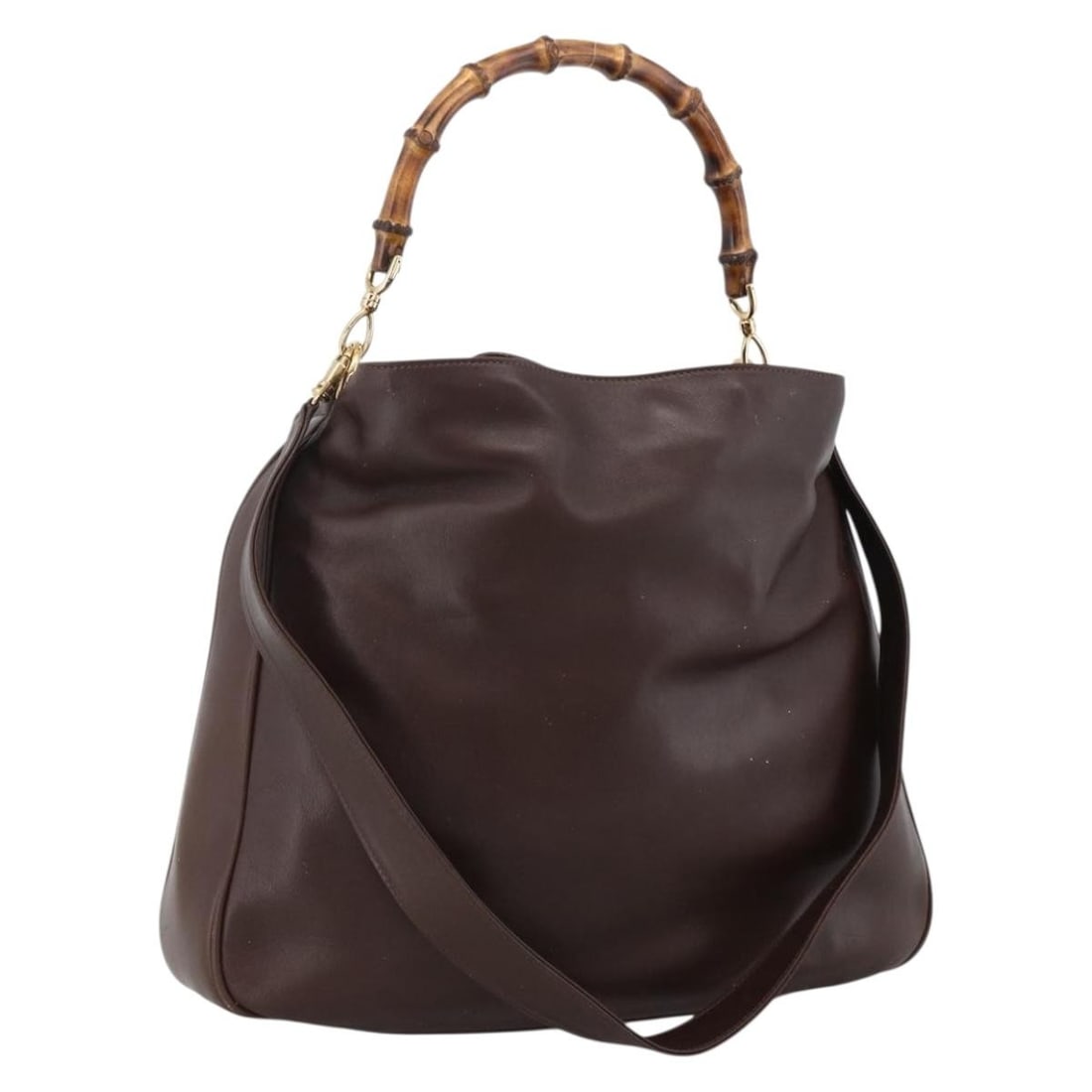 Gucci Bamboo Leather Brown Gold Shoulder Bag with Two Carrying Options: Gucci Bamboo Leather Brown Gold Shoulder Bag with Two Carrying Options This GUCCI Bamboo Shoulder Bag features a 2-way design crafted from brown leather with gold-tone accents. The bag offers both a s