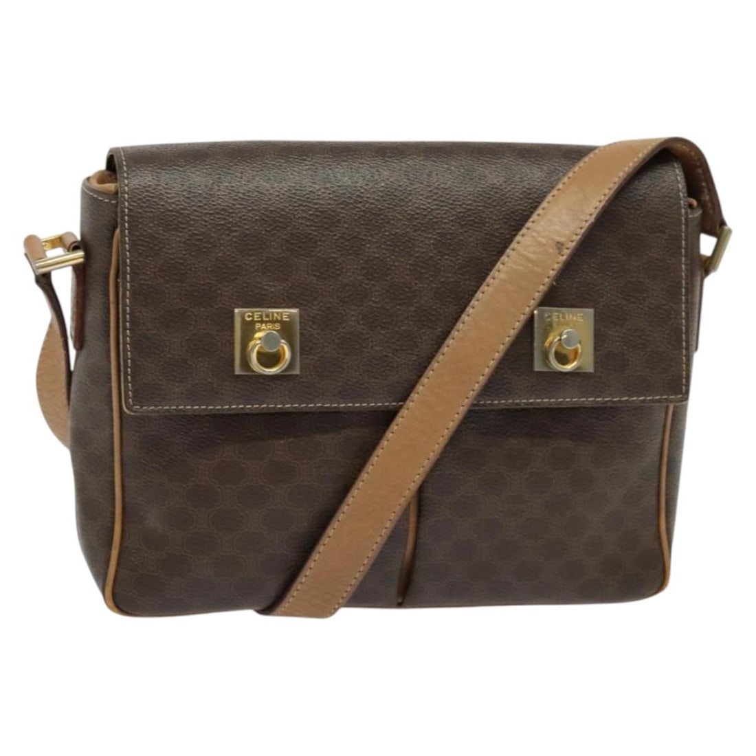 CELINE Macadam Canvas Shoulder Bag PVC Leather Brown Gold Made in Italy: CELINE Macadam Canvas Shoulder Bag PVC Leather Brown Gold Made in Italy Introducing the CELINE Macadam Canvas Shoulder Bag, a stylish accessory crafted from durable PVC leather and Macadam canvas. Thi