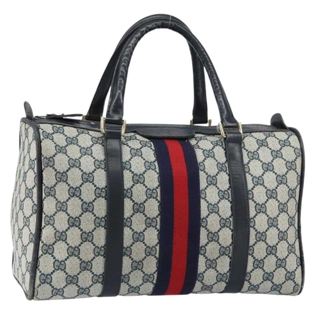 GUCCI GG Supreme Boston Bag PVC Navy Gold Made in Italy: GUCCI GG Supreme Boston Bag PVC Navy Gold Made in Italy This GUCCI GG Supreme Sherry Line Boston Bag is a stylish and functional accessory crafted from durable PVC leather in an elegant navy and gold
