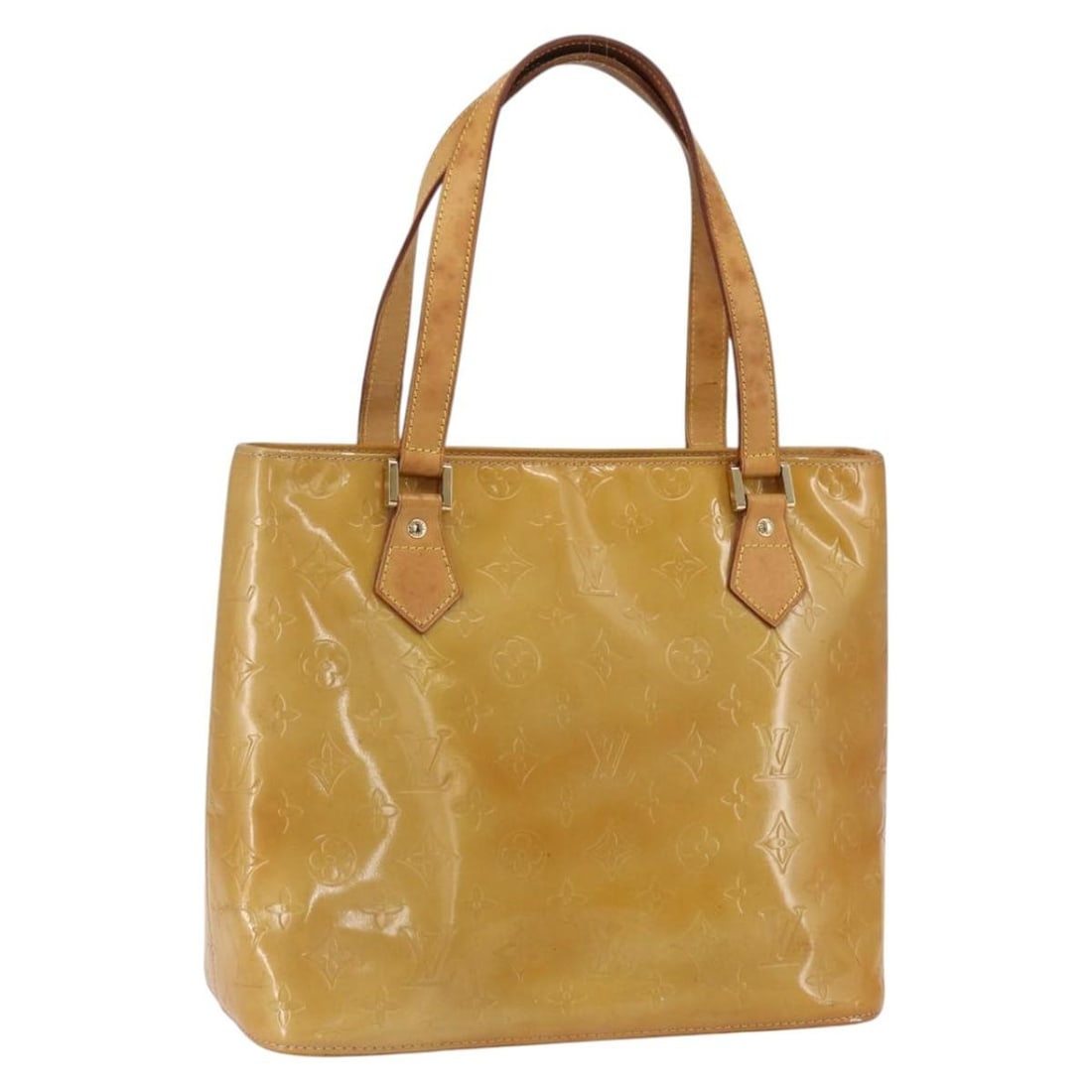 Louis Vuitton Houston Beige Patent Leather Monogram Handbag M91004: Louis Vuitton Houston Beige Patent Leather Monogram Handbag M91004 This Louis Vuitton Monogram Vernis Houston handbag is crafted from beige patent leather and features a structured silhouette. The bag