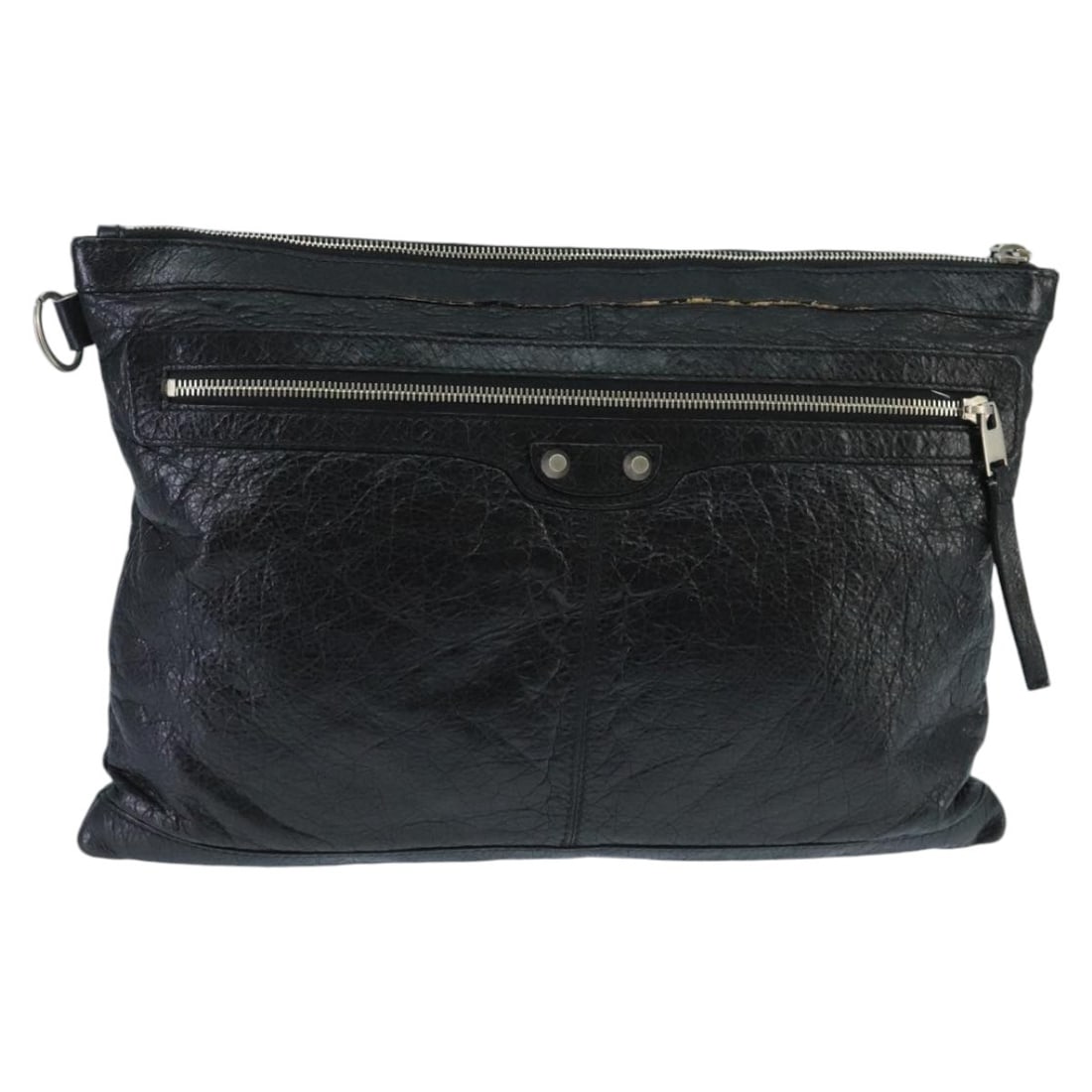 Balenciaga Black Leather Clutch Bag with Silver Accents 273023: Balenciaga Black Leather Clutch Bag with Silver Accents 273023 This Balenciaga clutch bag features a black and silver leather exterior and is designed for women. Made in Italy, the bag measures approx